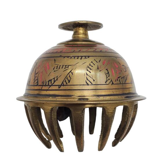 3 Brass Claw Bells Elephant Engraved Enameled Etched Vintage India Rustic Decor - Picture 6 of 15